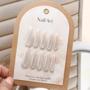 Handmade Press On Nails Iridescent Artificial Pearl White Mirror Cat Eye Long Stiletto ABS Plastic Removable Reusable Women