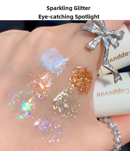 Detalles macro de muestras de sombras de ojos líquidas con purpurina de Cappuvini