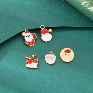 Christmas Santa Claus Sleigh Charms Stainless Steel Enamel Pendants For DIY Jewelry Making Crafts Holiday Party Style