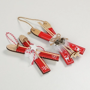 Red wooden Christmas sled ornaments with snowflake and elk patterns for holiday decor