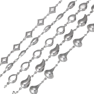 Polished silver geometric stainless steel chains with teardrop and oval pendants