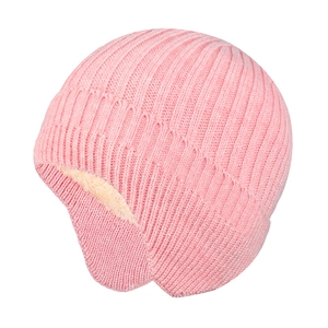 Detail view of pink knit winter hat with warm fleece lining and ear protection