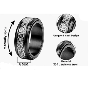 8mm black stainless steel spinner ring featuring silver Celtic dragon inlay and rotatable design