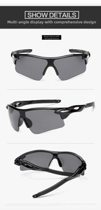 Three-angle views showing black frames and HD polarized grey lenses of cycling sunglasses