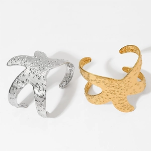 Starfish Open Cuff Bracelet Stainless Steel Irregular Hammered Texture Ocean Series Beach Jewelry Statement For Women