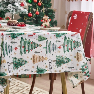 Close-up of Christmas tablecloth showing knitted texture, pine trees and holiday patterns