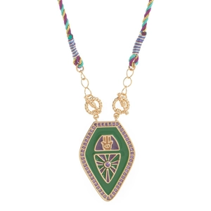 Vintage gold tarot necklace with Hamsa hand enamel pendant and woven cord chain