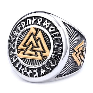 Men's Norse Viking Valknut ring in silver and gold stainless steel with runes