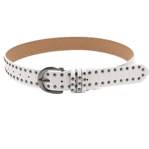 Y2K punk style black belt with metal studs and silver buckle on a white background