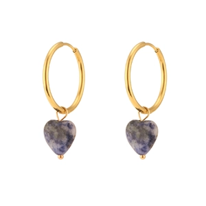 Golden hoop earrings featuring heart-shaped marble pendants with blue and purple textures