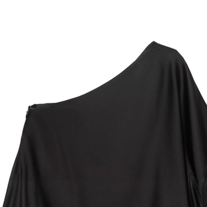 Women casual black asymmetrical one shoulder lace top with detailed matte fabric texture