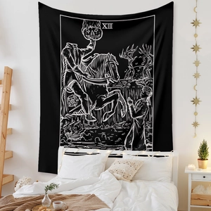 Detailed tarot XIII Headless Horseman tapestry hanging in a cozy bedroom setting