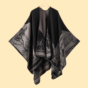 Scialle Avvolgente in Simil Cachemire a Maglia Etnico Vintage Poncho Jacquard Doppio Viso con Nappine Mantella Oversize con Fantasia Geometrica Paisley Sciarpa Calda Donna