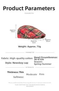 Detail view of red plaid cotton flat cap showing dimensions and 56-61cm head circumference