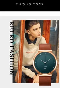 Close-up of minimalist retro watch with green dial, rose gold case and brown leather strap
