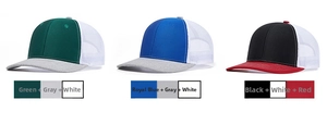 Detailed comparison of three mesh truck caps in green, royal blue, and black contrast colors