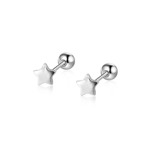 Macro view of silver star stud earrings with secure screw ball back fasteners