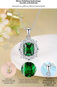 Macro shot of silver floral halo necklace with oval green gemstone and pavé settings