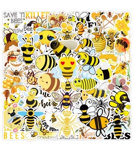 Close-up of waterproof PVC honey bee stickers with cartoon designs and slogans