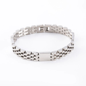 Classic silver stainless steel hip hop link bracelet with square folding clasp on white background