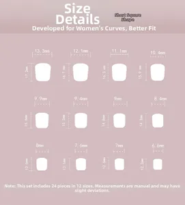 Size chart showing 24 pieces of short square press-on nails in 12 different dimensions