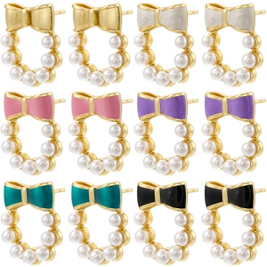 Bowknot Artificial Pearl Wreath Stud Earrings Brass Enamel Inlaid Versatile Sweet Jewelry For Women