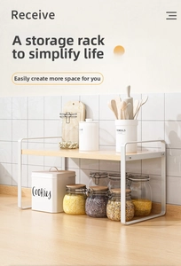 Detail of minimalist white metal kitchen rack with wooden shelf on countertop