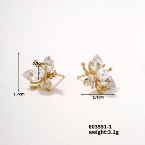 Detail showing dimensions of butterfly pearl earrings with gold plating and cubic zirconia