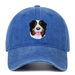 Close-up of Bernese Mountain Dog embroidery on a washed blue cotton baseball cap