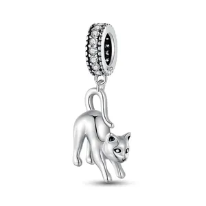 S925 Sterlingsilber Süße Katze Charm Anhänger Zirkonia Eingelegt Dehnung Kätzchen Perle Für DIY Armband Halskette Schmuckherstellung