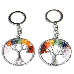 Detail of wire-wrapped tree of life keychain with multicolored natural tumbled stones