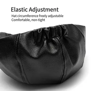 Men's winter faux leather newsboy cap with elastic adjustment band on white background