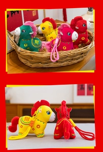 Detailed views of 2026 Zodiac Horse plush toy with embroidered fortune character