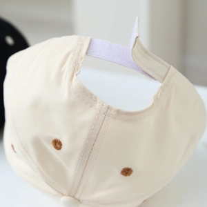 Detail of adjustable Velcro strap and embroidered eyelets on cotton baseball cap