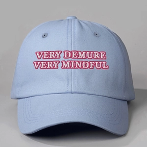 Adjustable light blue baseball cap with pink Very Demure Very Mindful embroidery