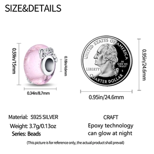 Luminous pink glass charm bead with Queen engraving and S925 silver core size details