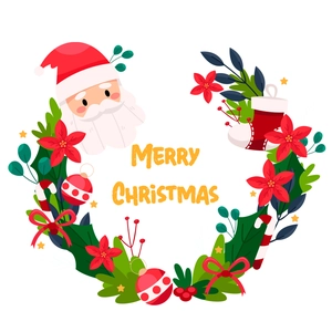 Merry Christmas wall sticker with Santa, wreath, and stockings on white background