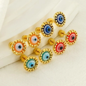 Set of 8 vintage titanium steel evil eye stud earrings in gold finish and colors