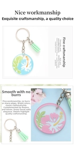 Close-up of tropical floral acrylic keychain with mint green tassel and smooth finish