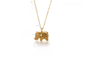 Detail of 400mm gold elephant necklace in stainless steel with zircon and flower pattern