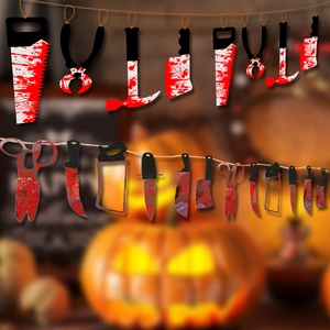 Halloween blood splatter tool banner featuring realistic saw and cleaver hanging props