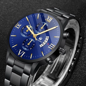 Detail of blue sunray dial mens watch with gold markers and chronograph sub-dials