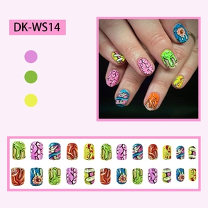 Glossy Halloween press-on nails featuring zombie brain and eyeball patterns, 24 pieces set