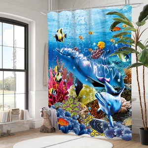 Detail of waterproof polyester shower curtain featuring blue dolphins and coral reef scene