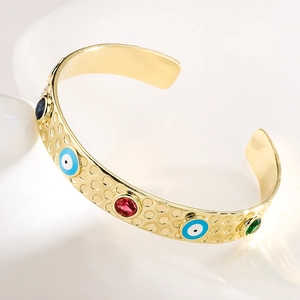 Vergulde open armband met kleurrijk emaille boze oog en zirkonia-stenen