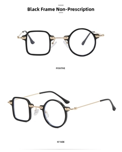 Close-up of asymmetrical eyewear with black frame and golden metal temples