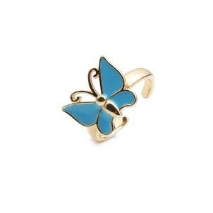 Macro view of adjustable butterfly ring with blue enamel and gold-plated finish