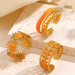 Stainless Steel Rings Sun Leaf Geometric Enamel Gold Plated Adjustable Open Design Fashion For Women