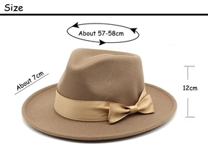 Size chart for camel wool fedora hat with bow ribbon, brim 7cm and head size 57-58cm