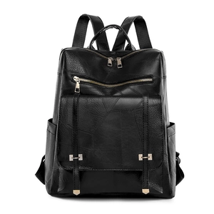 Mochila minimalista de cuero PU negro con costuras geométricas vintage y gran capacidad